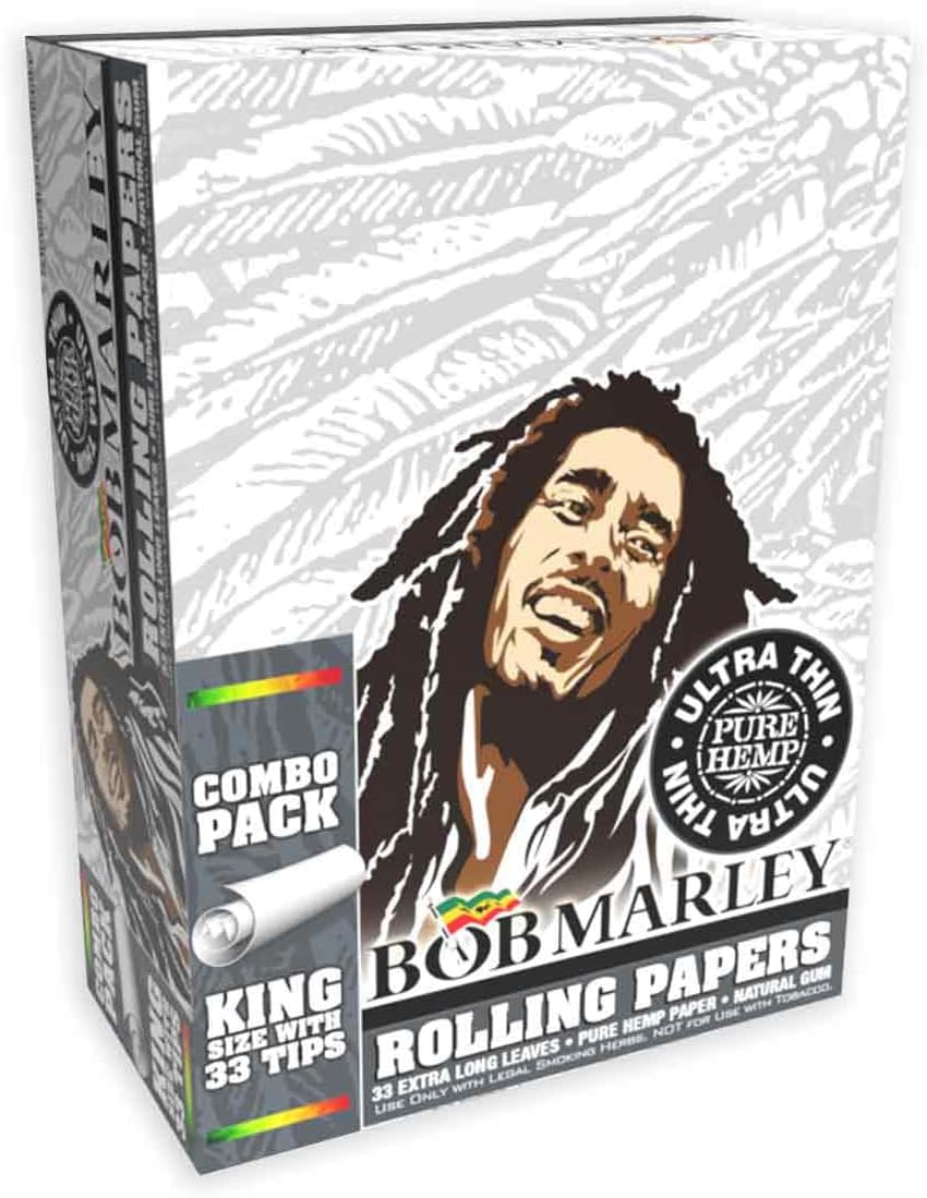 Bob Marley Rolling Paper - King Size (110mm) Ultra Thin Paper With Tips! - Box of 24 Booklets! (33 Leaves + Tips Per Booklet)