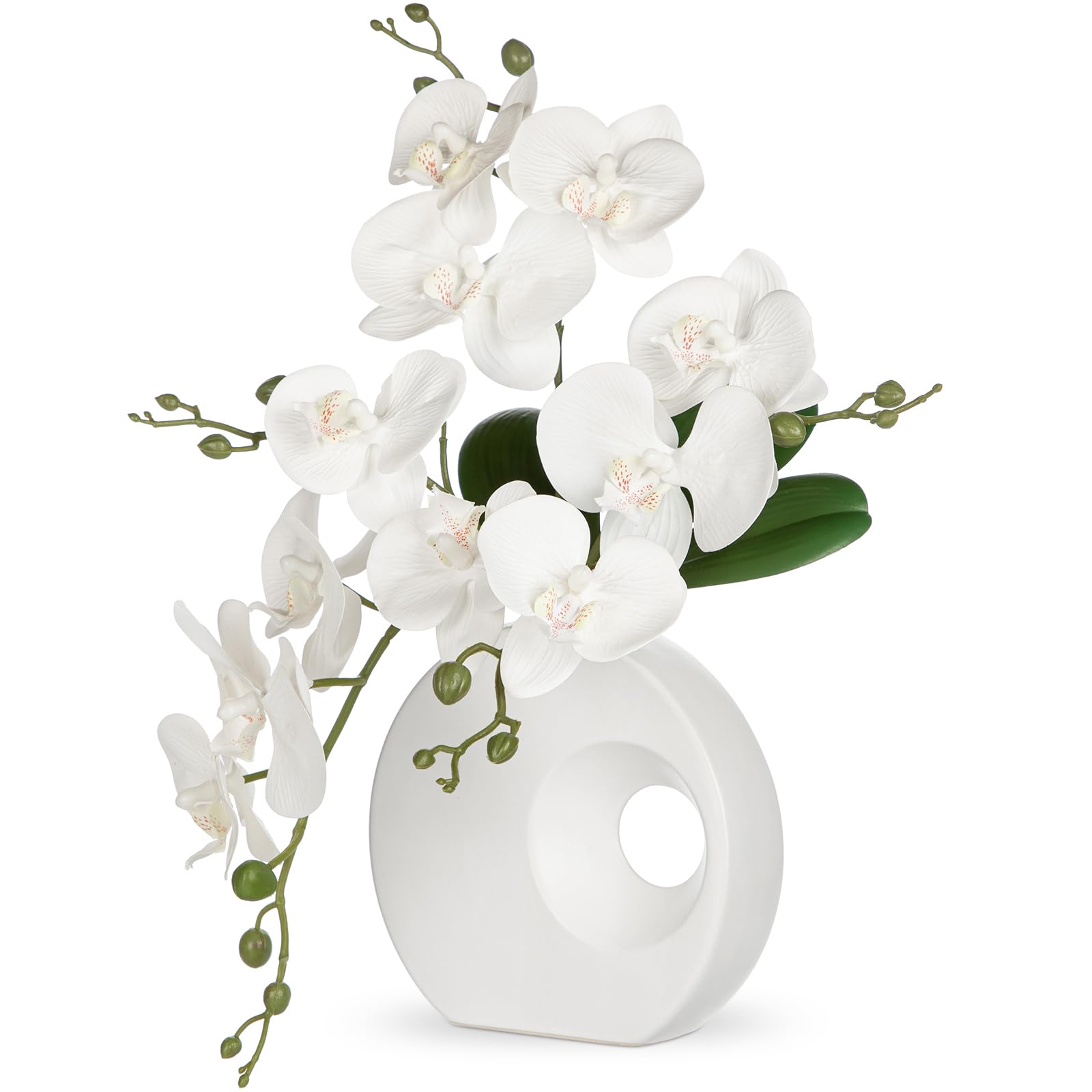 Oairse Artificial Orchid Plant in Ceramic Pot 15.7" Realistic Faux Orchid Flowers for Indoor Decoration Silk Orchid in White Vase for Centerpiece Home Office Living Room Wedding Table Décor