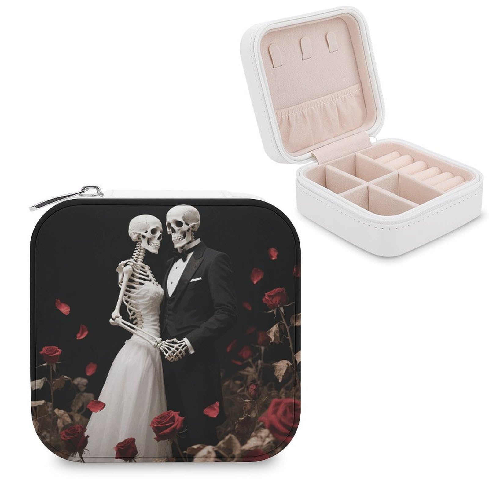 VstaDank Lovers Skull Jewelry Box for Women Jewelry Organizer Storage Case with Zipper Mini Travel Jewelry Case Cute Trinket Organizer Leather Portable Jewelry Storage Box
