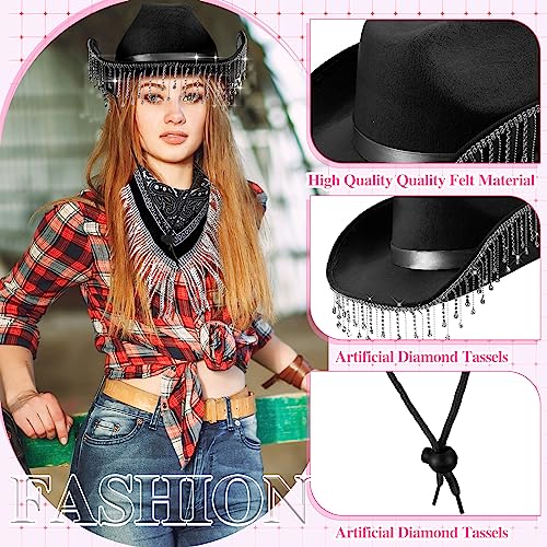 Image of Leumoi 3 Pcs Rhinestone Fringe Cowgirl Hat Rhinestone Bandana Sunglasses