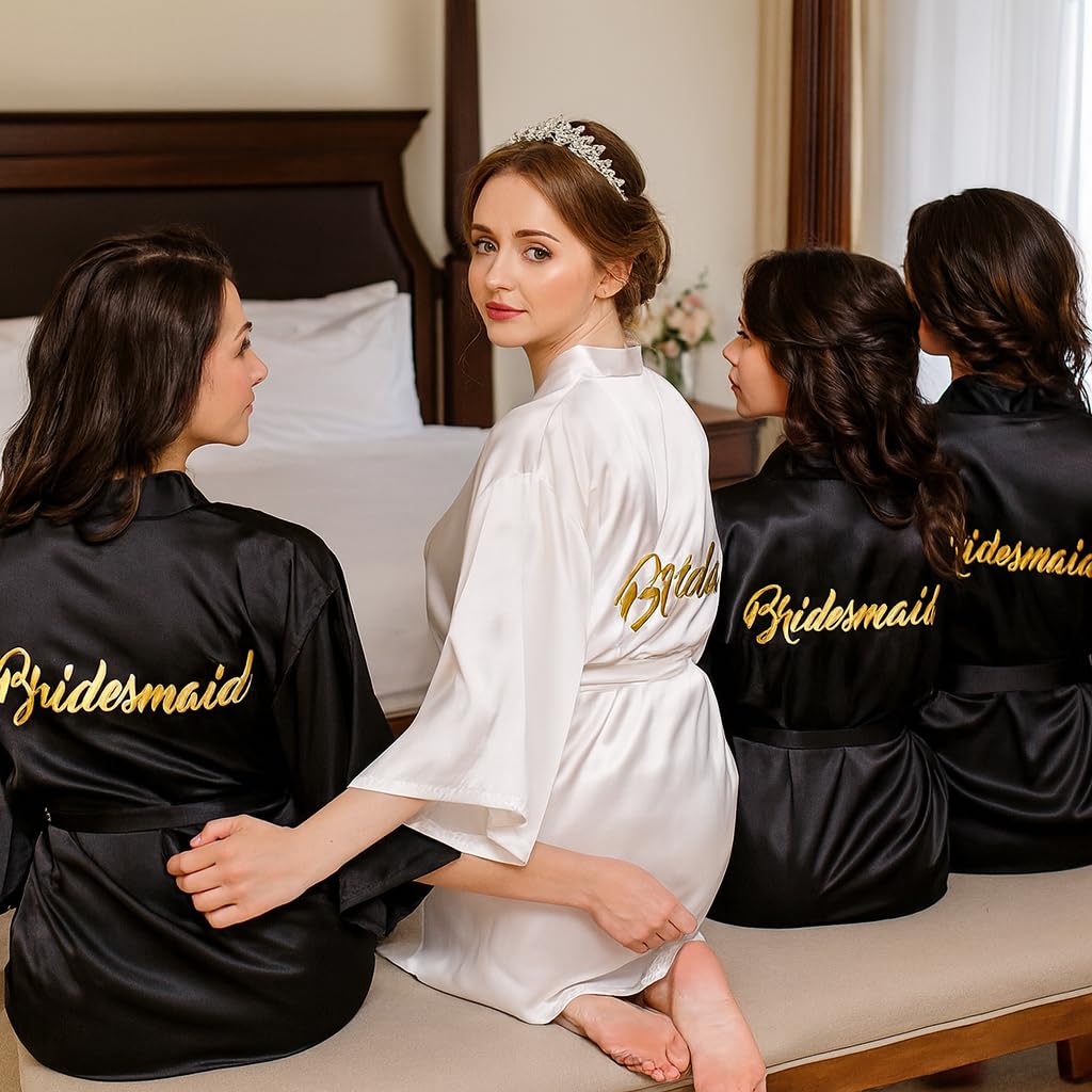 LYCN Albornoz de Novia de 6 Piezas para Mujer, Albornoz de Satén con Bordado Dorado para Novia y Dama de Honor, Regalo para Despedida de Soltera, Pijama para Fiesta en la Piscina (5 Blanco 1 Negro)