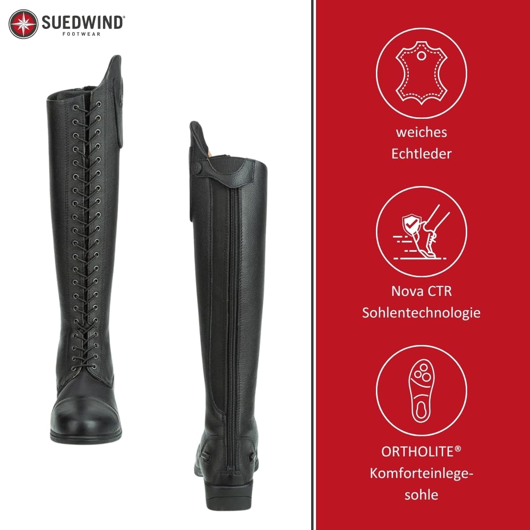 SUEDWIND FOOTWEAR Kinder-Reitstiefel aus Leder Nova Kids Fun Leather Polo – Stiefel zum Reiten – Polo-Schnürung, SBS 8 Reißverschluss & Ortholite-Innensohle – schwarz – Gr. 29-41