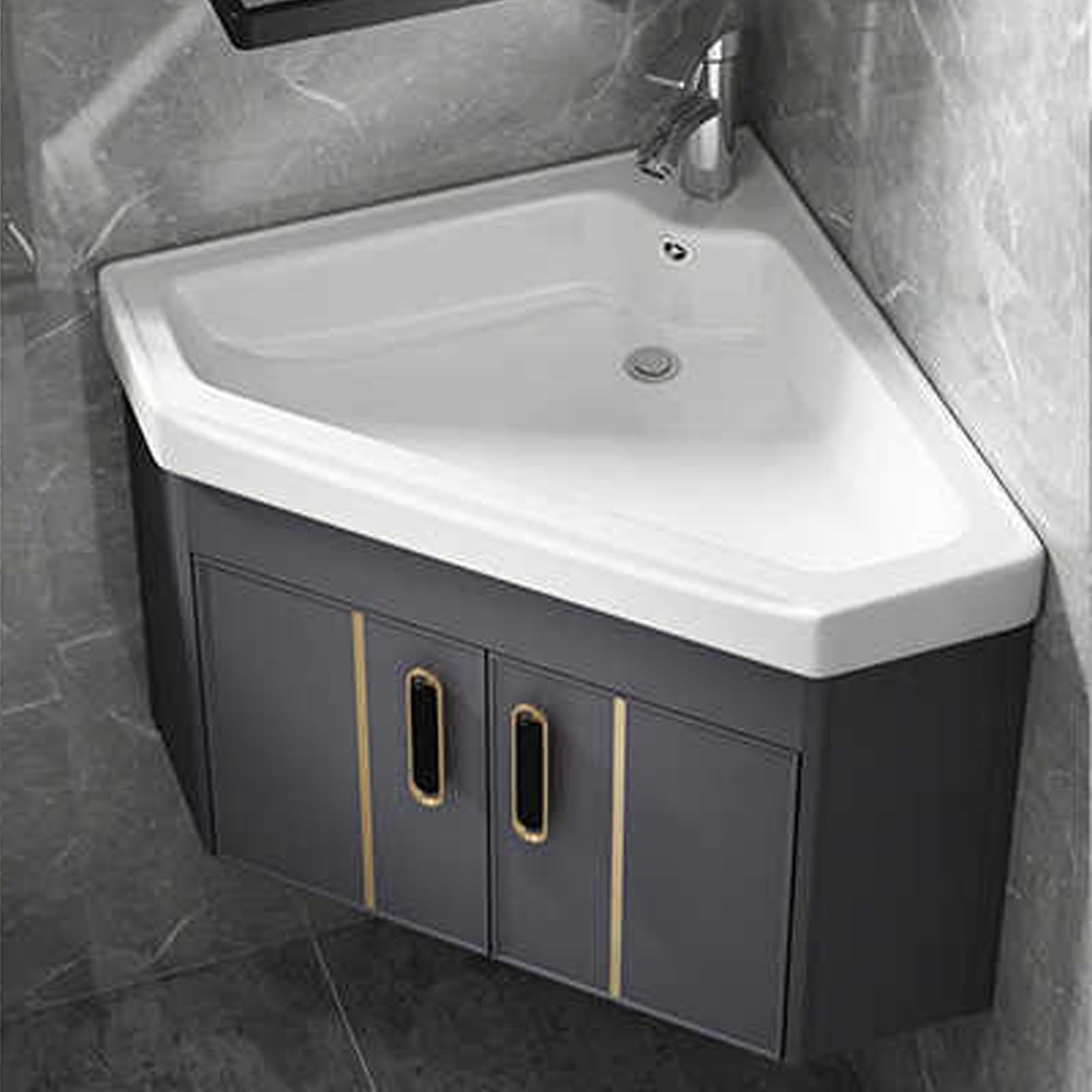GLJTUO Wall Mounted Corner Bathroom Vanity Sink Combo with Ceramic Sink Hot & Cold Faucet Grey Cabinet - 55cm/21.7in Space-Saving Design for Small Bathrooms,Grey-48cm/18.9in