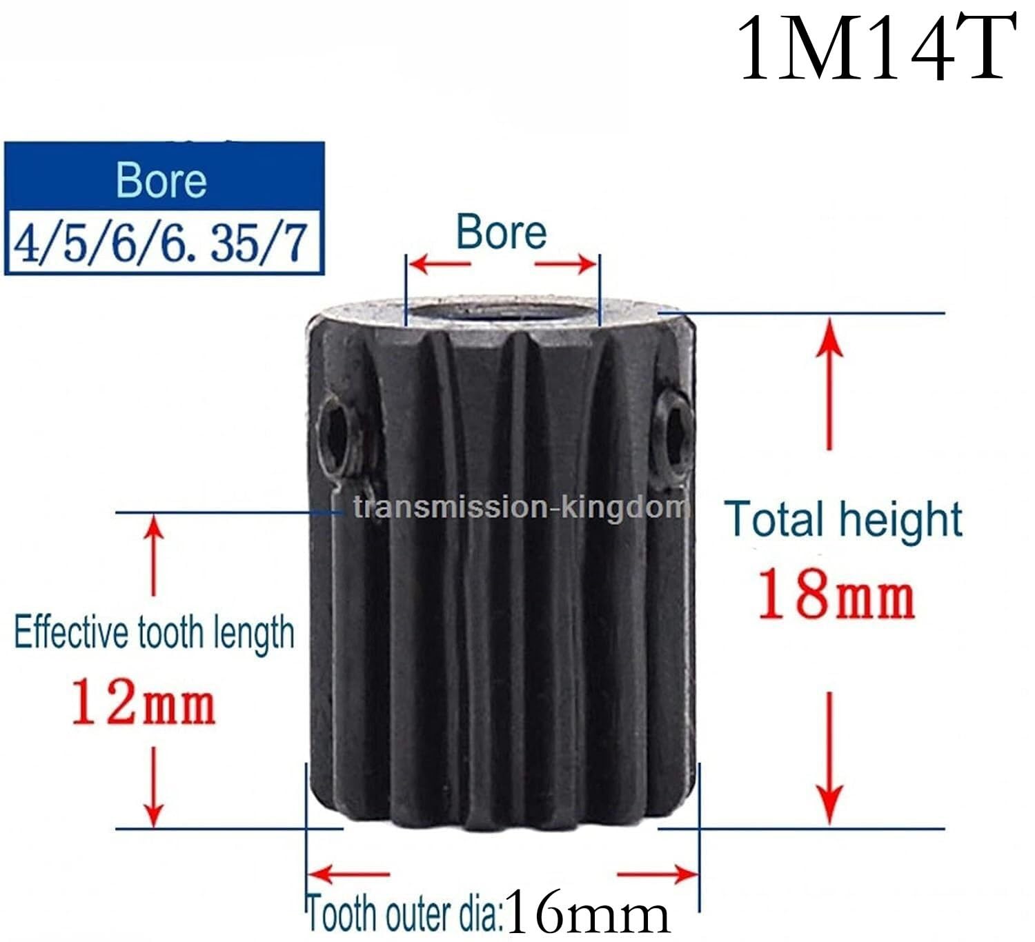 Ritzelmotorgetriebe Modulritzel, Motorritzel, 10 Stück, 1M 10T14T Stirnradritzel, Bohrung 4 mm/5 mm/6 mm/6,35 mm/7 mm, Oberfläche schwarz, Motorritzel Mod. 1 Zahn 12, Außendurchmesser 14 mm(1m 14t 16m