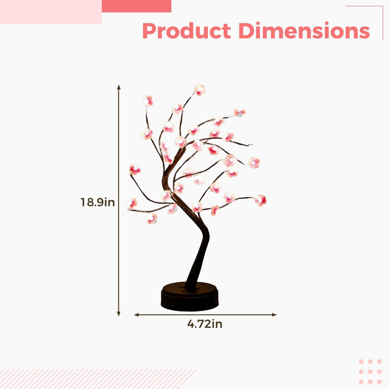 Leuchtender Kirschblütenbaum 19 in / 48 cm, Schwarze Zweige Deko, LED-Lampe mit Fernbedienung, USB- und Batteriebetrieb, für Tisch und Innenraum, Sockel 4,7 in / 12 cm Durchmesser