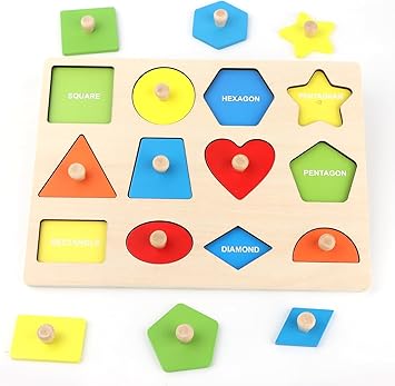 WUDLY Kids Wooden Shape Sorter Puzzle Board, 12 Geometric Shapes, Educational Learning Toy for Pretend Play Group