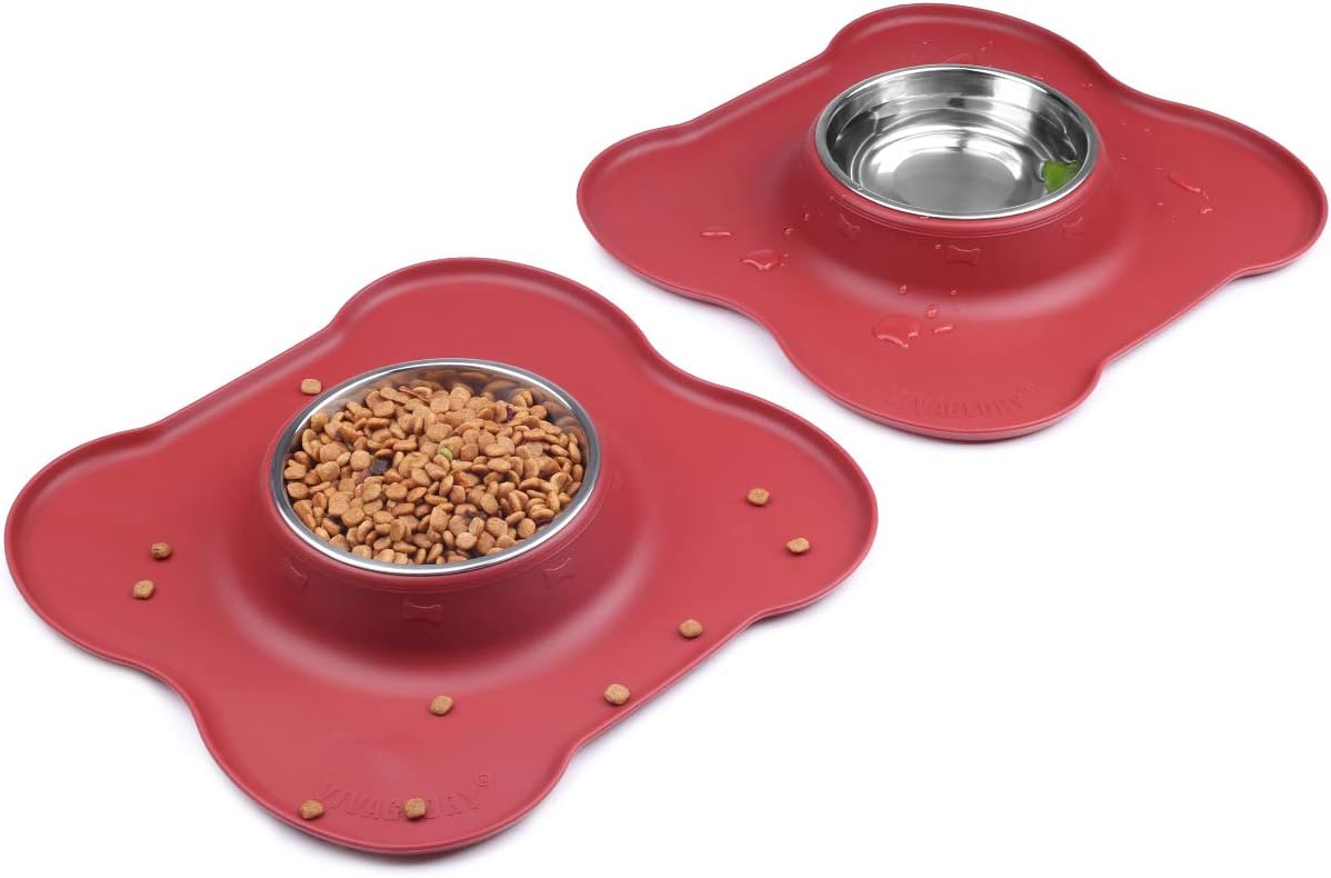 VIVAGLORY Cat Bowls Set, 2 Pack Cat Bowls with Non Spill Silicone Mat and Food Grade Stainless Steel Water and Food Feeding Bowl for Puppy Kitty Cat, Burgundy