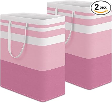 HomeHacks 2 Pack Large Laundry Baskets, Waterproof, Freestanding Laundry Hampers, Collapsible Clothes Hamper with Reinforced Handles in Laundry, College Dorm, Bathroom, Bedroom (Pink, 125Lx2)