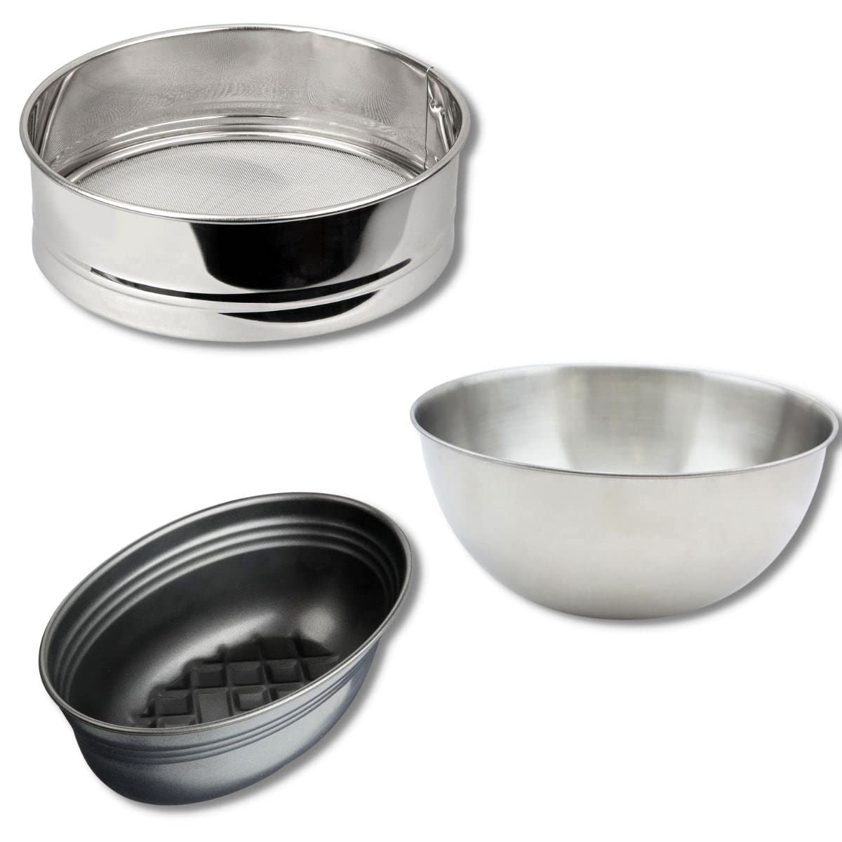 Fackelmann 9983050 Set mit 3 Küchenutensilien, speziell für Brot, Hahnenschüssel, Mehlsieb, Brotform, Brotbackform, hausgemacht, Stahl, Edelstahl, Schwarz, Edelstahl, Grau, 18 bis 25 cm