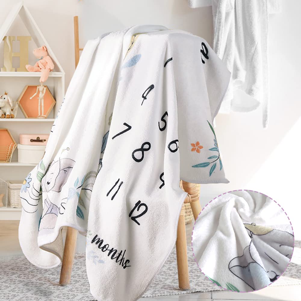 Manta de bebé Milestone para niños y niñas,tapete de forro polar mensual unisex con flores y hojas de elefantes,animales con 4 marcos de fotos de fieltro,crecimiento de la edad(40 x 60 pulgadas)