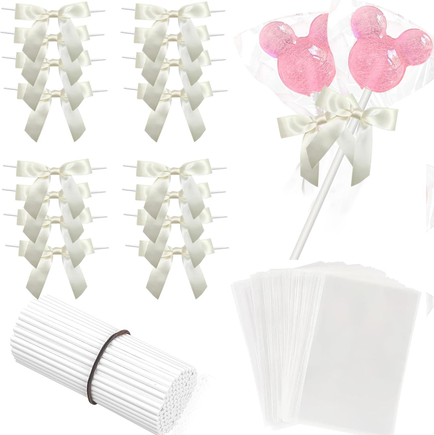 100 Sets Cake Pop Sticks and Treat Bags Kit Including 100 Cakepop Wrappers with 100 White Bow Ties and 100 Lollipop Sticks for Rice Krispies, Candies, Chocolate, Wedding Christmas Packaging