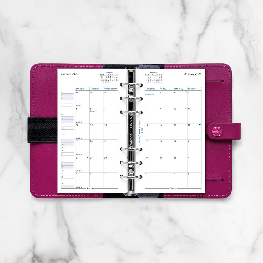 Filofax Kalender-Tagebuch-Nachfüllpackung, persönliche/kompakte Größe, Monatsansicht, weißes Papier, Englisch, 2026 (C68410-26)