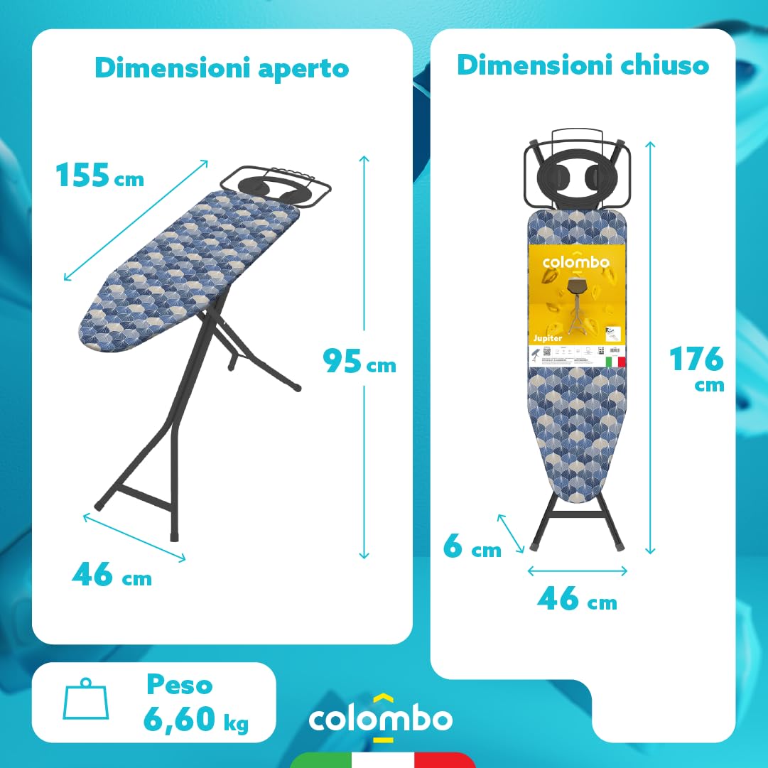 Colombo Asse da Stiro Jupiter 120x40cm con Porta Caldaia 10kg e Barra Porta-Grucce | Asse da Stiro Pieghevole Stabile Altezza Regolabile Fino a 95cm con Copriasse in Cotone Biologico | Made in Italy