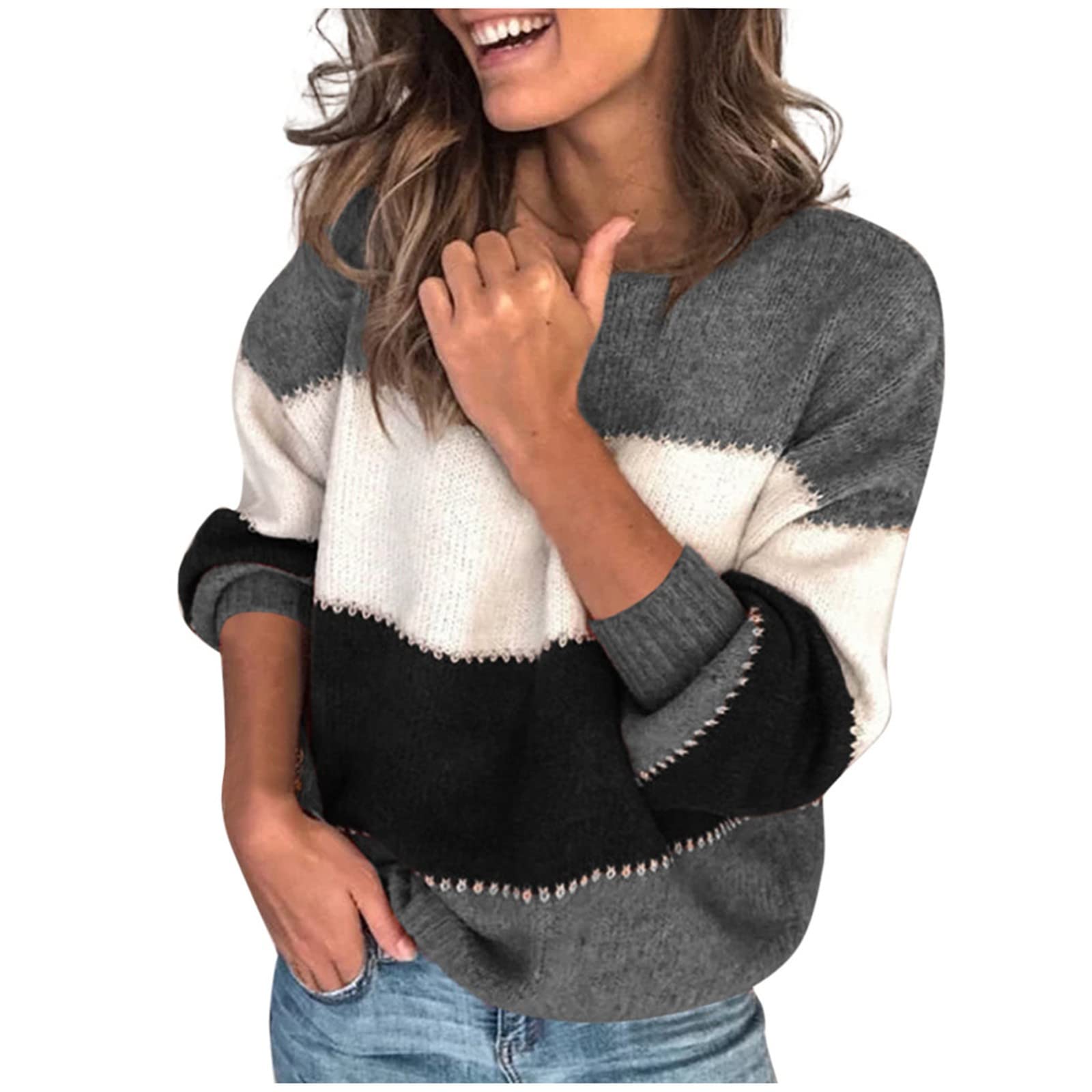 Color Block Sweater for Women Oversized Crew Neck Sweaters Cute Fall Striped Y2k Plus Size Long Sleeve Sweater