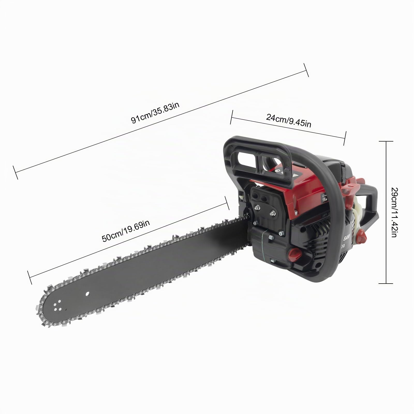 Motosierra de gasolina de 2,4 kw, motosierra inalámbrica a mano, cilindrada de 18,6 oz, espada de 50 cm, freno de retención, motosierra pequeña para serrar madera en jardín y bosques