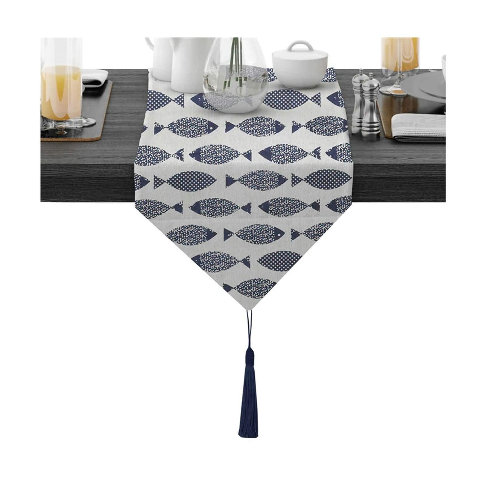 Aeici Camino de mesa de comedor moderno de algodón, diseño de peces, camino de mesa de cocina de 30,5 x 137,8 cm, decoración para fiestas, azul oscuro, blanco