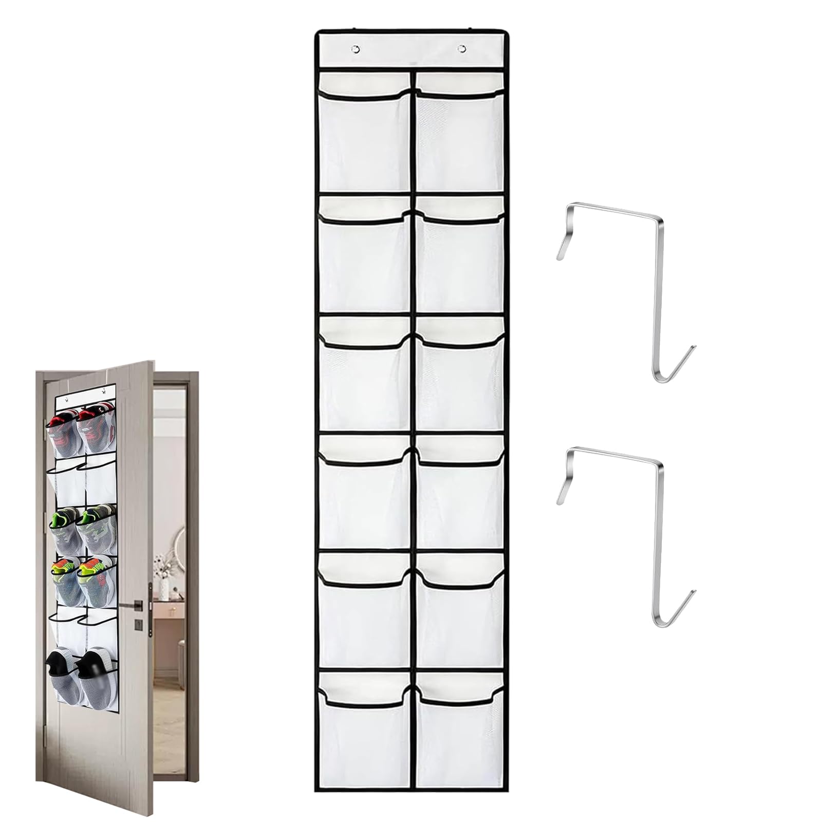 yunfeen Hanging Shoe Storage, Over the Door Shoe Storage, Door Shoe Rack Hanging, Over Door Shoe Organiser, 12 Large Mesh Pockets, With 2 Hange, for Shoe & Gadget Storage(White)