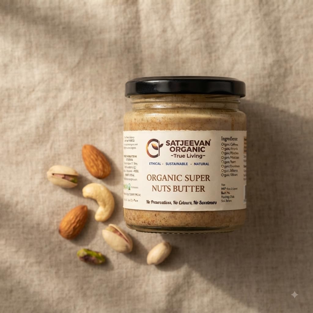 Satjeevan Super Nuts Butter 200g | Blend of 8 Nuts – Cashew, Almond, Pistachio, Hazelnut, Pecan, Macadamia, Brazil Nut & Pine Nut | Unsweetened, No Preservatives, No Added Sugar 1