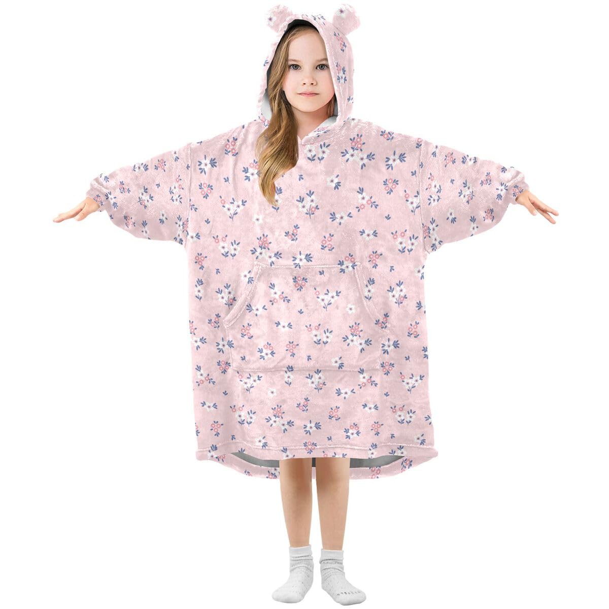 Różowy kwiat dziecięcy koc do noszenia bluza z kapturem oversize bluza koc sweter kwiatowy lato dla chłopców dziewcząt w wieku 3-14 lat
