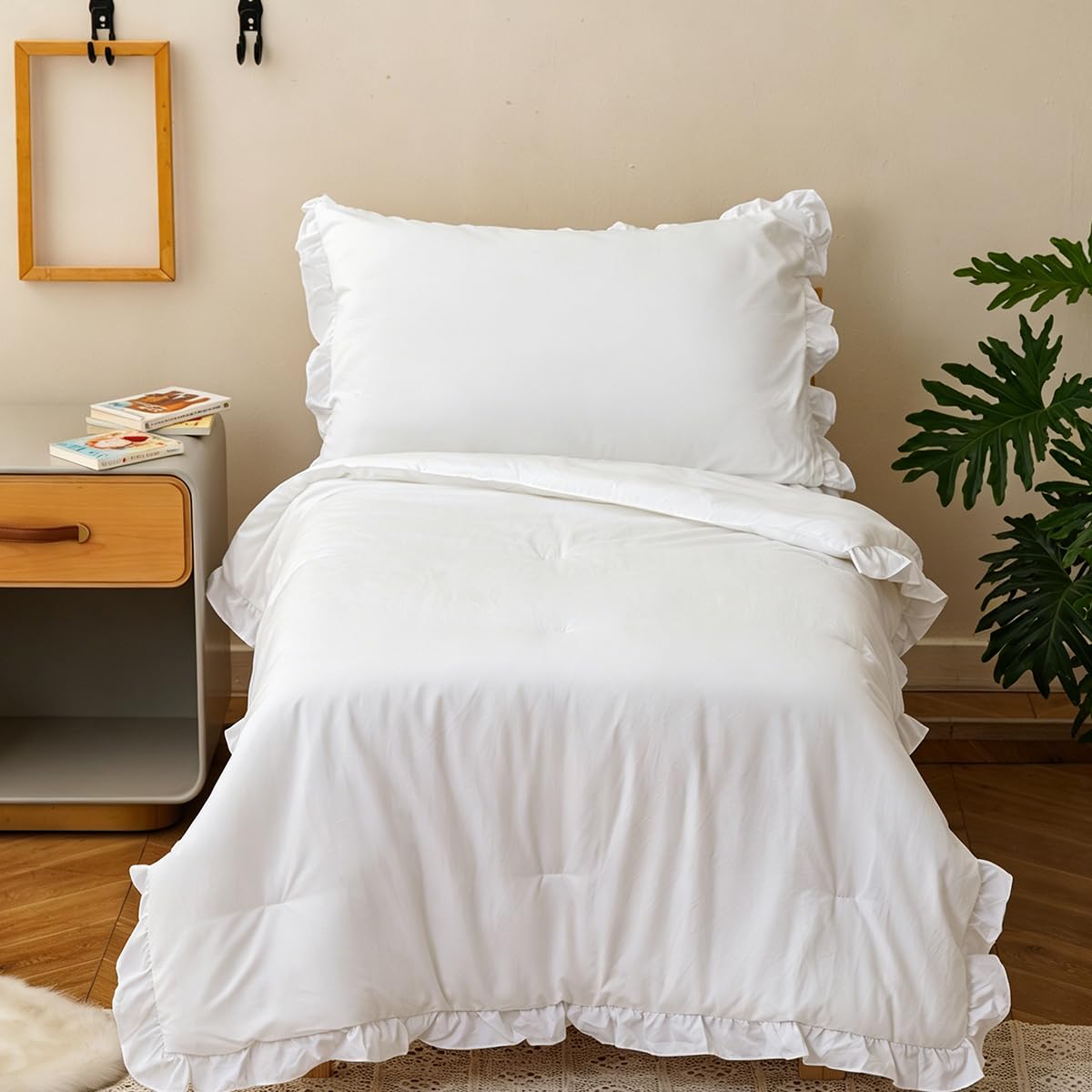 KAREVER White Toddler Bedding Set White Ruffles 4 Pieces Crib Bed Set Kids Vintage Comforter Set