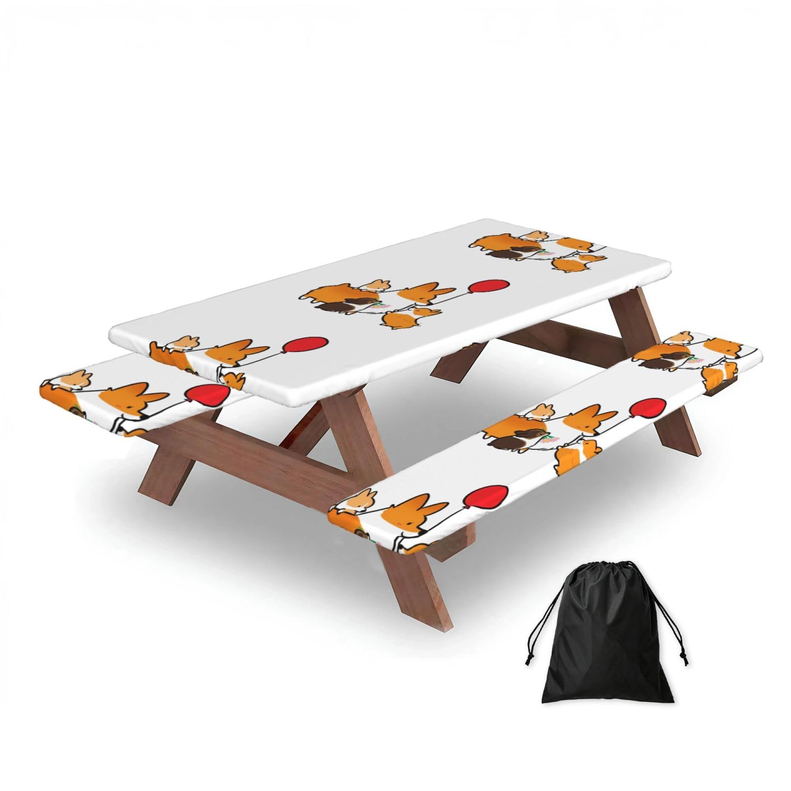Dopklna As Picture Cute Cartoon Corgi Christmas, Picnic Table Cover With Bench Covers -Waterproof Elastic Fitted Tablecloth For Garden Camping Patio 76X152cm