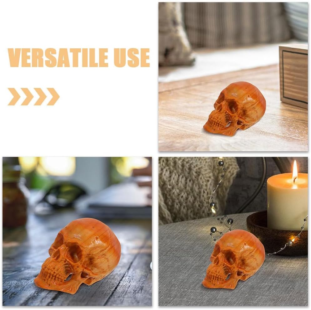BESTOYARD 2Pcs Halloween Small Fake Skull Thuja Wood Statues, 2-Inch Carved Mini Figurines for Home Party Desktop Decoration Natural Sculptures image 3