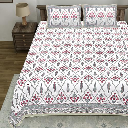 Image of Living Roots Jaipuri Hand Block Print Double Cotton Bedsheet & 2 Pillow Covers, for Mattress Upto 8 inches Thick, No Colour Bleeding, Orange Colour, Super King Size 96 * 104 inches, 150TC (572-B)
