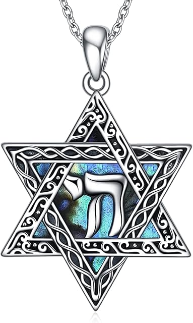 POPLYKE Star of David Necklace Sterling Silver Cross/Chai (Life) Abalone Shell Pendant Jewish Token Jewelry