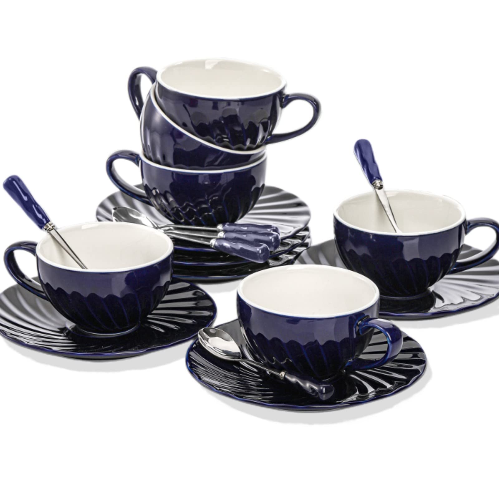 AVLA 6 Pack Tea Cups with Saucers and Spoons Blue