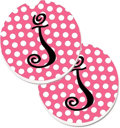 Caroline's Treasures CJ1001-JCARC Letra J Monogram - Juego de 2 posavasos para automóvil, diseño de lunares rosa y negro, grande, multicolor