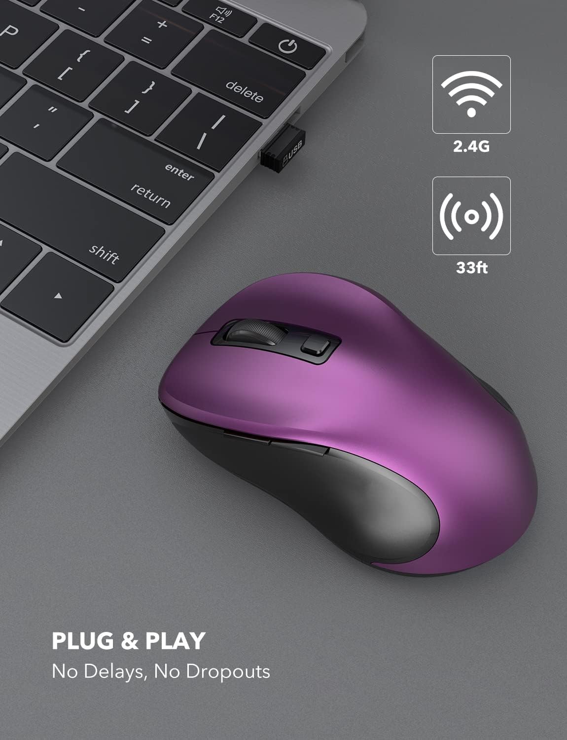 Trueque Bezprzewodowa mysz do laptopa, ergonomiczna mysz komputerowa 2,4 GHz z przyciskami do tyłu i do przodu, 3 poziomy prędkości śledzenia, 6 przycisków, optyczne myszy bezprzewodowe USB, do