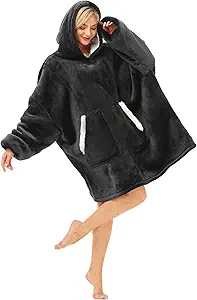 Kipswiza Wearable Blanket Hoodie for Women and Men, Cozy Soft Sherpa Oversized Hooded Blankets Sweatshirt as Birthday Gifts for Her Mom Girlfriend Boyfriend, Black
