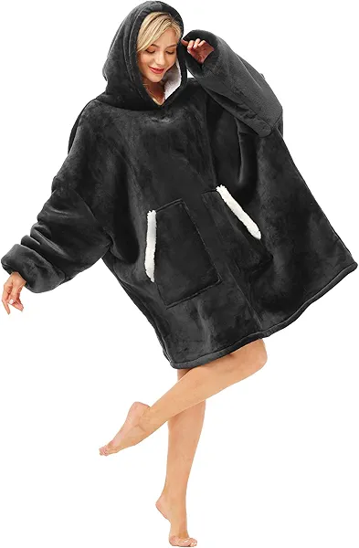Kipswiza Wearable Blanket Hoodie for Women and Men, Cozy Soft Sherpa Oversized Hooded Blankets Sweatshirt as Birthday Gifts for Her Mom Girlfriend Boyfriend, Black