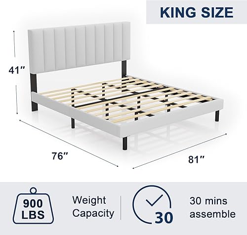 Miniatura 2 de Molblly Base de cama tamaño King tapizada con cabecero y listones de madera fuertes, base de colchón, antideslizante y sin ruido, no necesita