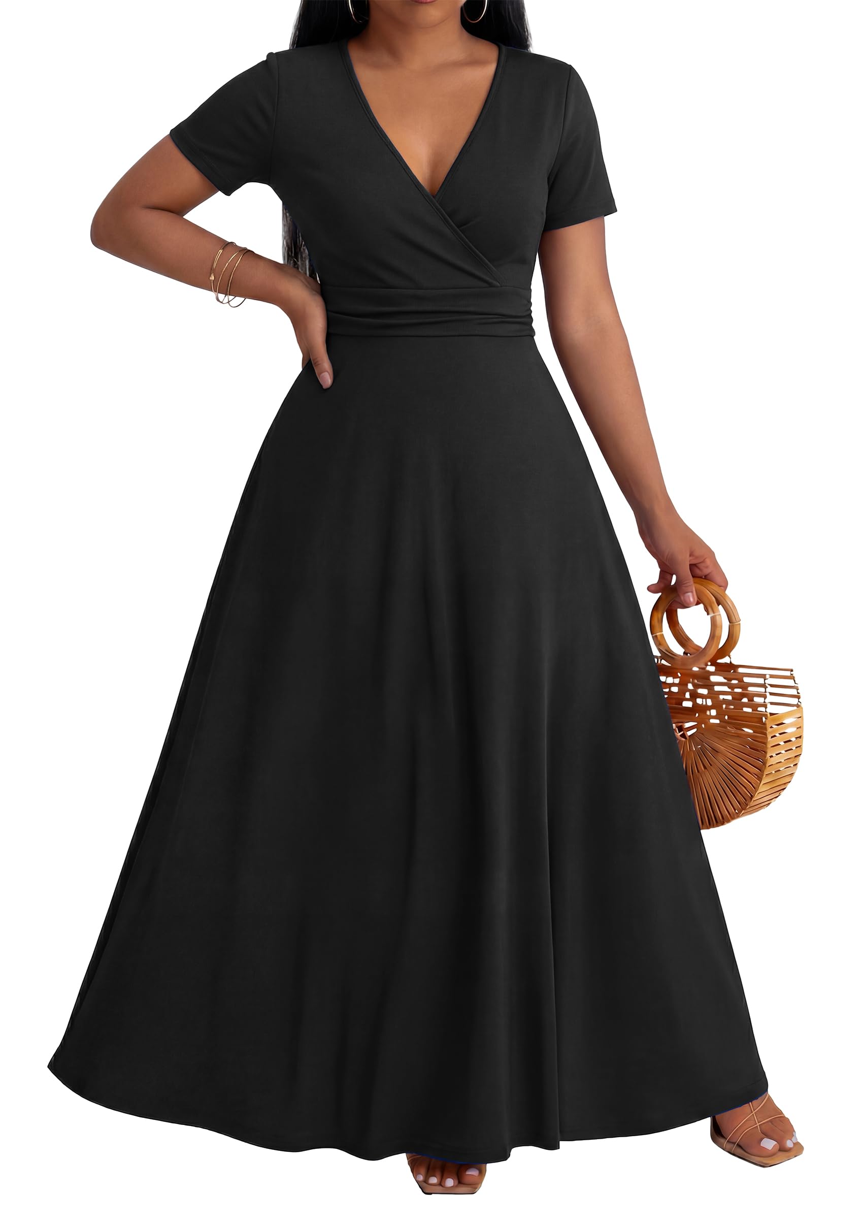 CLOCOR Maxi Dress for Women Long Summer Short Sleeve Evening Formal V Neck A Line Dresses Wedding Guest Empire Waist Elegant