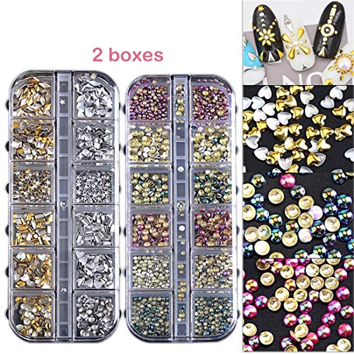 2 Boxes Nail Rhinestones Kit Mixed Sizes DIY Metallic 3D Nail Rivets Studs Colorful Nail Art Charm Decoration
