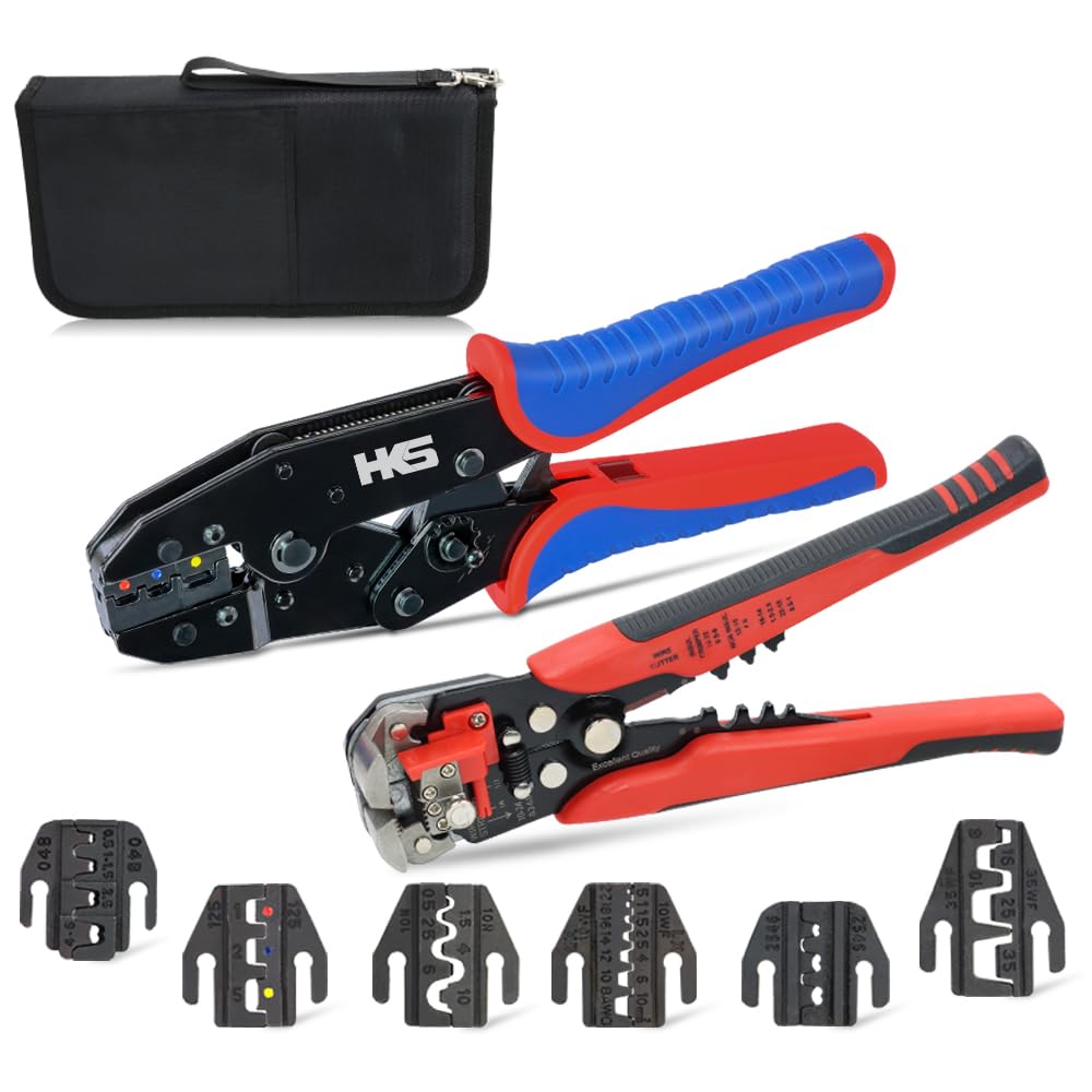 HKS Ratcheting Crimping Tool Set 9 PCS with Automatic Wire Stripper and Quick Exchange Jaw for Heat Shrink Terminals, Open Barrel, Solar Connector,