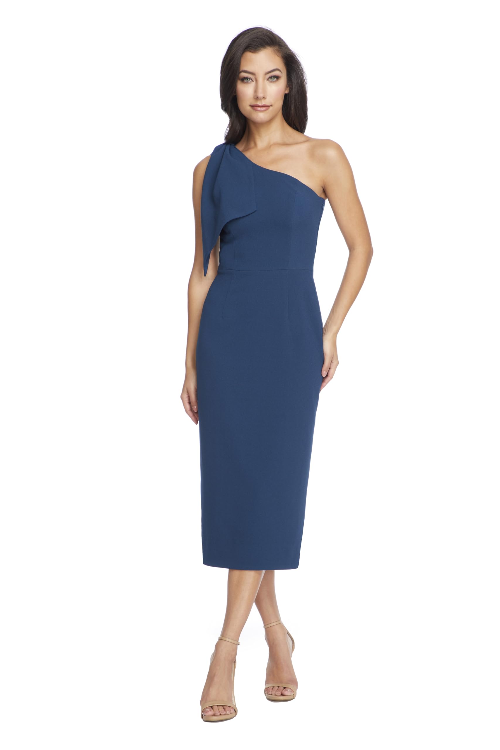 Dress the Population Women's Tiffany Asymmetrical Bow Neckline Bodycon Midi Dress, Peacock Blue, M