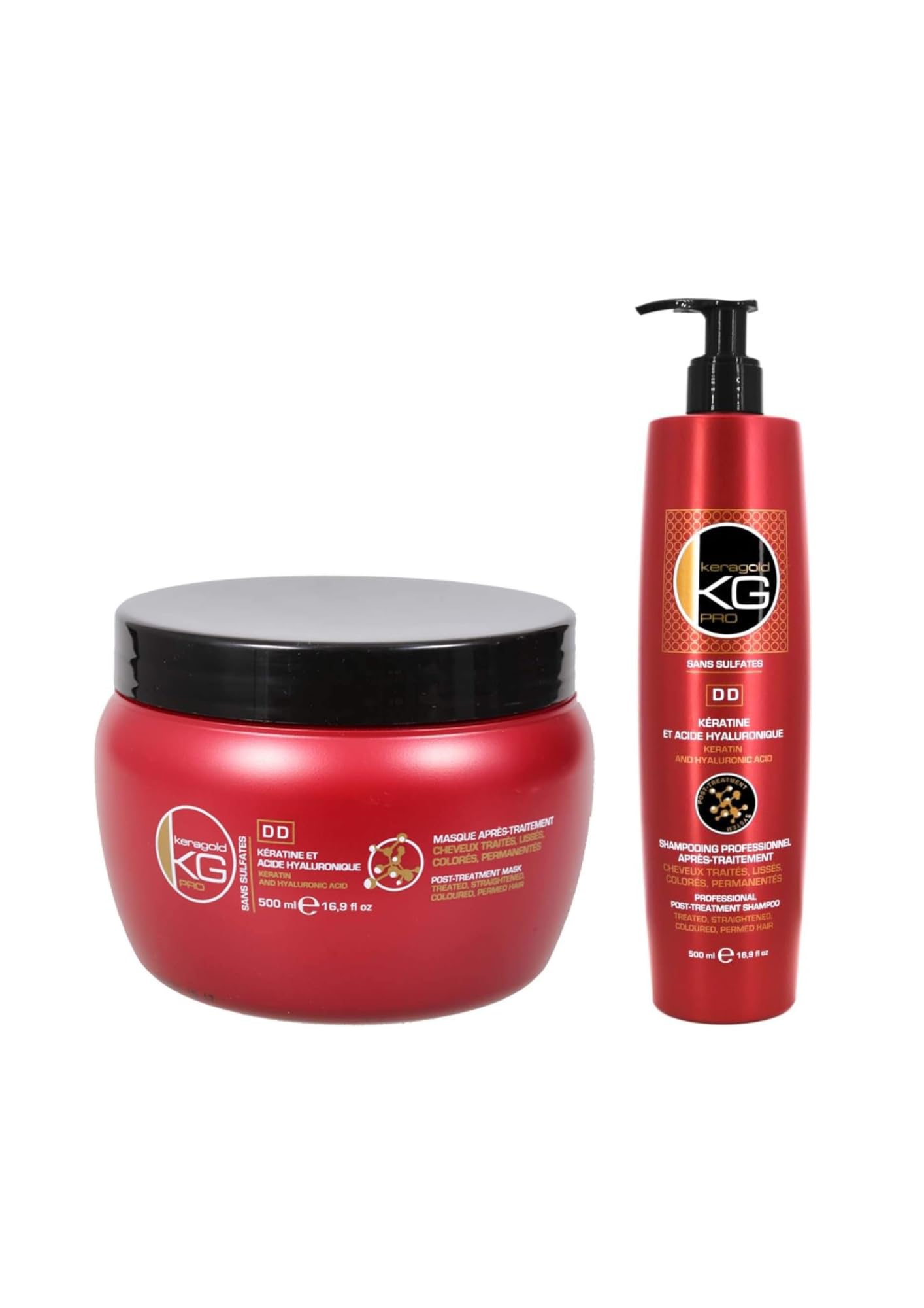 KERAGOLD PRO DD – Lot de 2 Soins Capillaires – Sans Sulfates Shampoing 500ml + Masque 500ml – Kératine & Acide Hyaluronique pour Hydratation Intense et Lissage Sublime