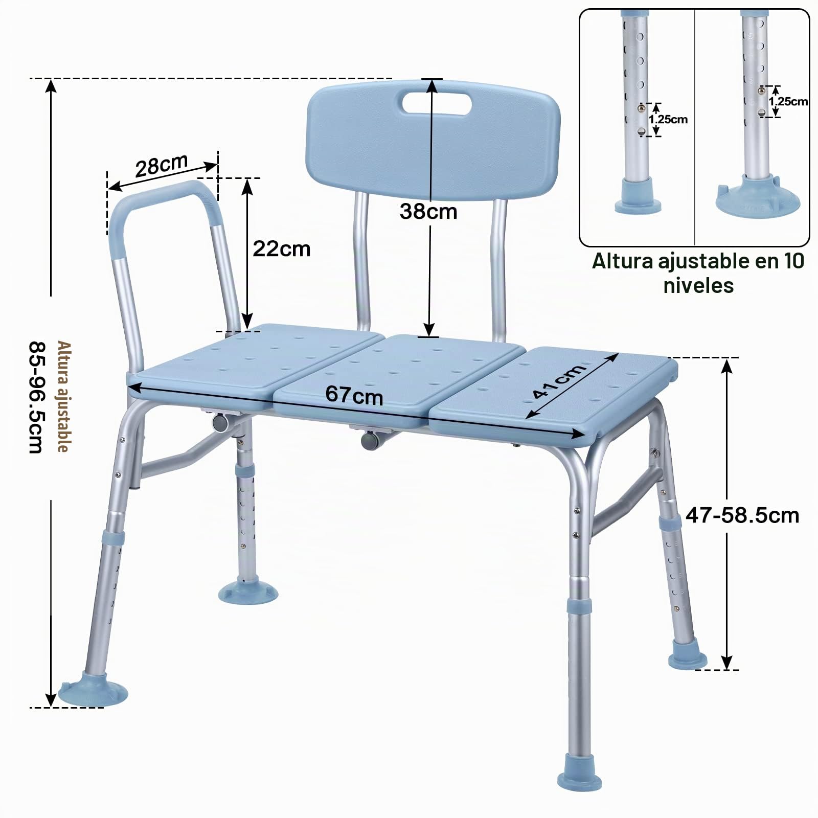 ACXIN Asiento de bañera para personas mayores con asa acolchada, altura regulable, taburete de ducha con respaldo y reposabrazos, antideslizante, hasta 150 kg