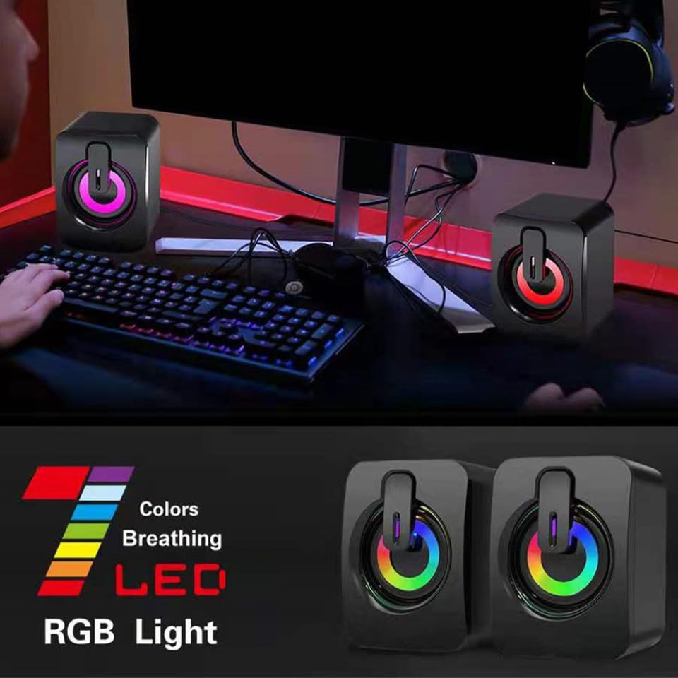 Altavoces de escritorio con subwoofer USB, luz RGB colorida y sonido envolvente portátil 3