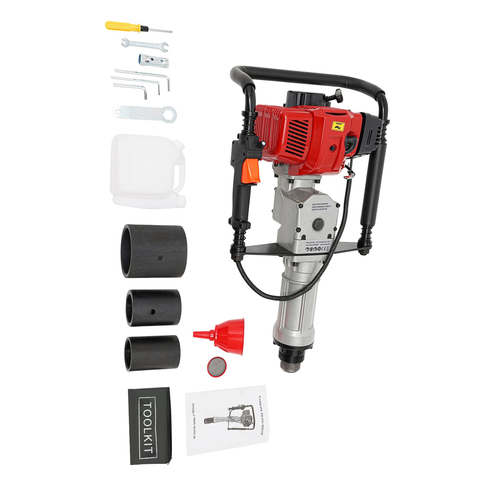 2 tiempos, 52 cc, gasolina de dos tiempos, 1900 W, 6500 rpm, 25 – 45 J, energía de impacto 800 – 2800 bpm con 3 cilindros para postes en T, varillas de tierra, agricultura, construcción, jardín