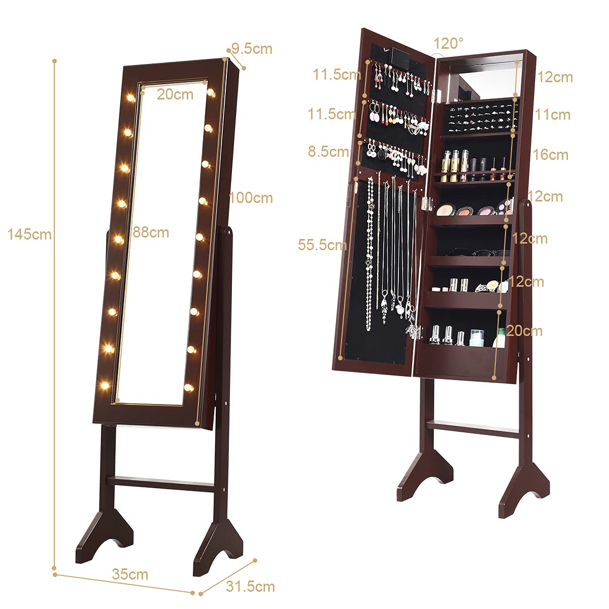 COSTWAY Armario para Joyas Espejo Joyero de Pie con 18 LED, Inclinación Ajustable, Marrón