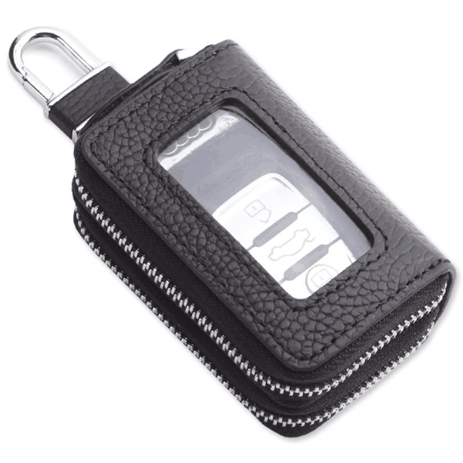 Car Key Case, Double Sides Pocket Zipper Remote Fob Keychain Holder Pouch for Men Women, Genuine Leather with Visible Window & Metal Hook & Keyrings (Black w/Window)