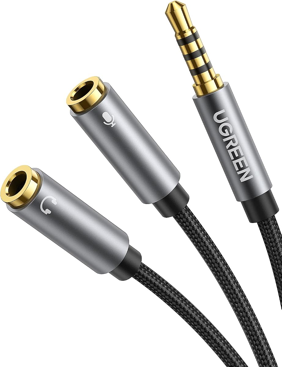 Divisor de auriculares de 3,5 mm, 2 hembras a 1 macho, micrófono y divisor en Y de audio | Adaptador de auriculares TRRS, conectores de audio y micrófono separados, trenzado, Compatible con Switch 2/PS4/PS5 Steam Deck Xbox PC Laptop Phone