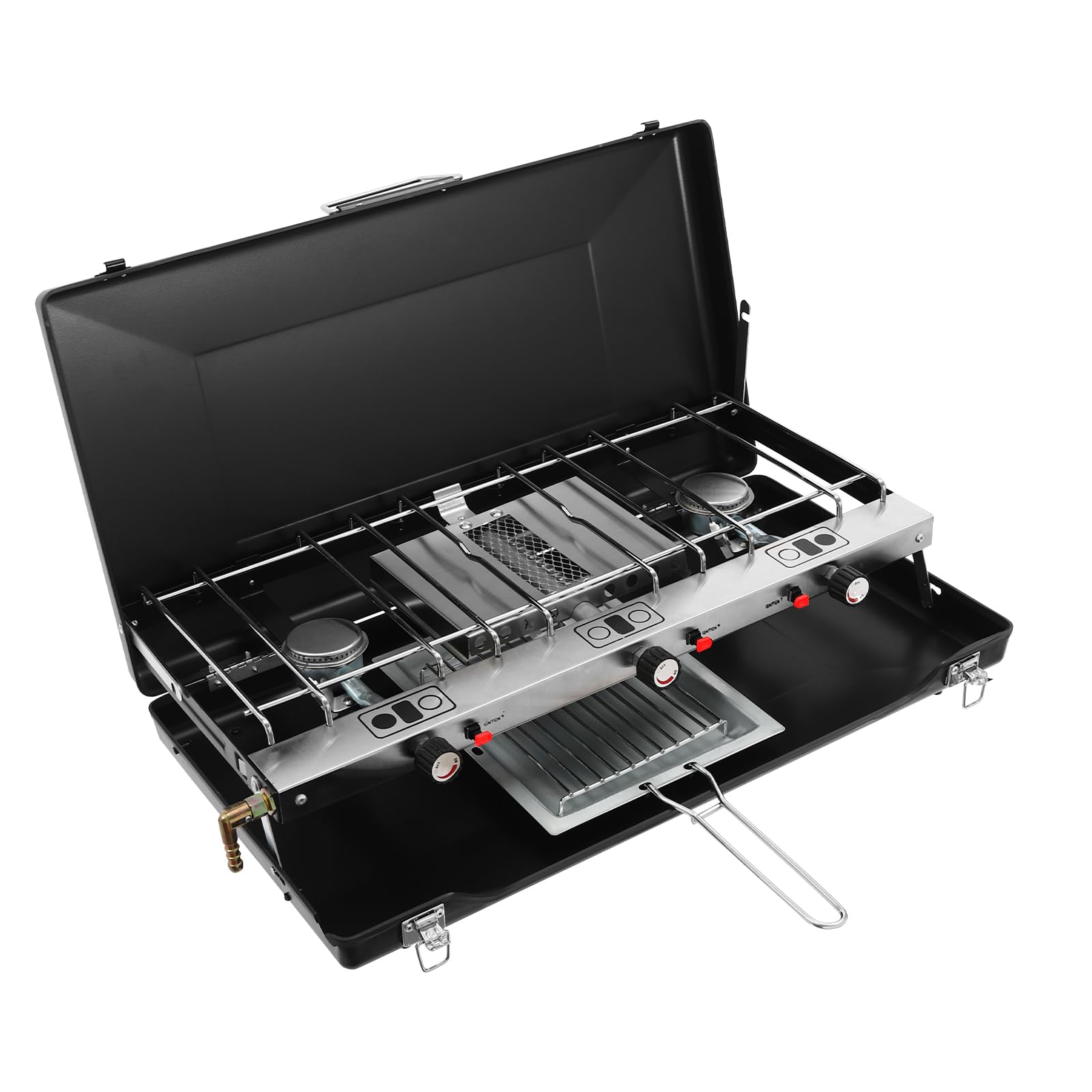 Fornello a gas a 3 fuochi per campeggio e esterni, 4,5 kW, con accensione piezoelettrica, per propano e butano, piano di cottura a gas pieghevole per picnic e giardino (56,5 x 30 x 34 cm)