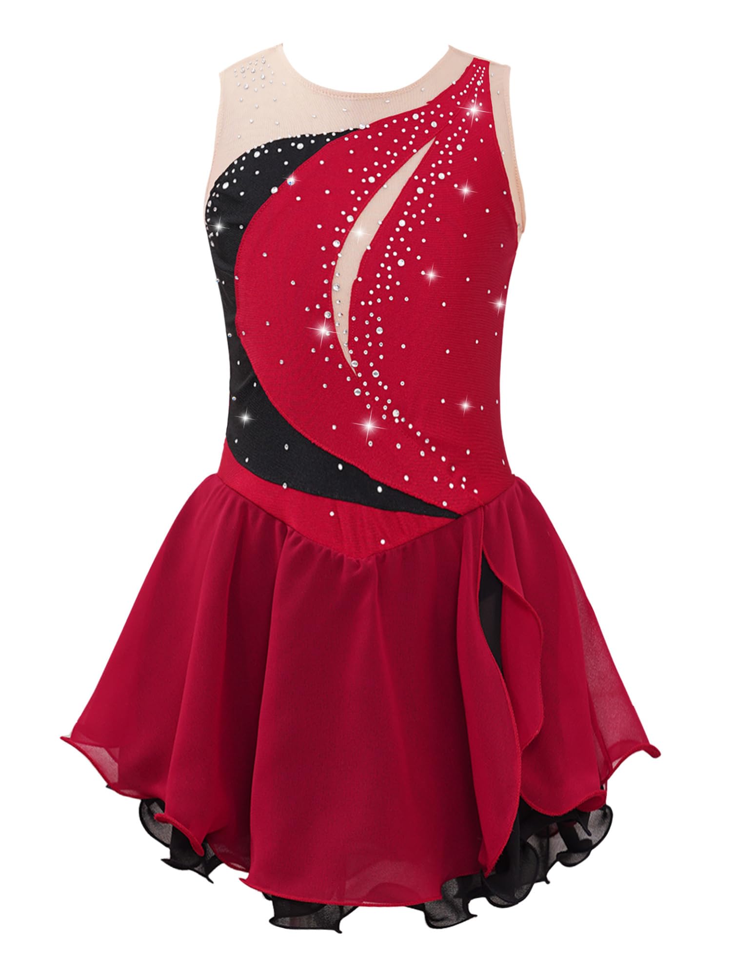 IEFIEL Vestido de Patinaje Artístico para Niña Maillot Ballet con Falda Malla de Gimnasia Rítmica sin Mangas con Lentejuelas Brillantes Vestido de Danza Lírica — view 15