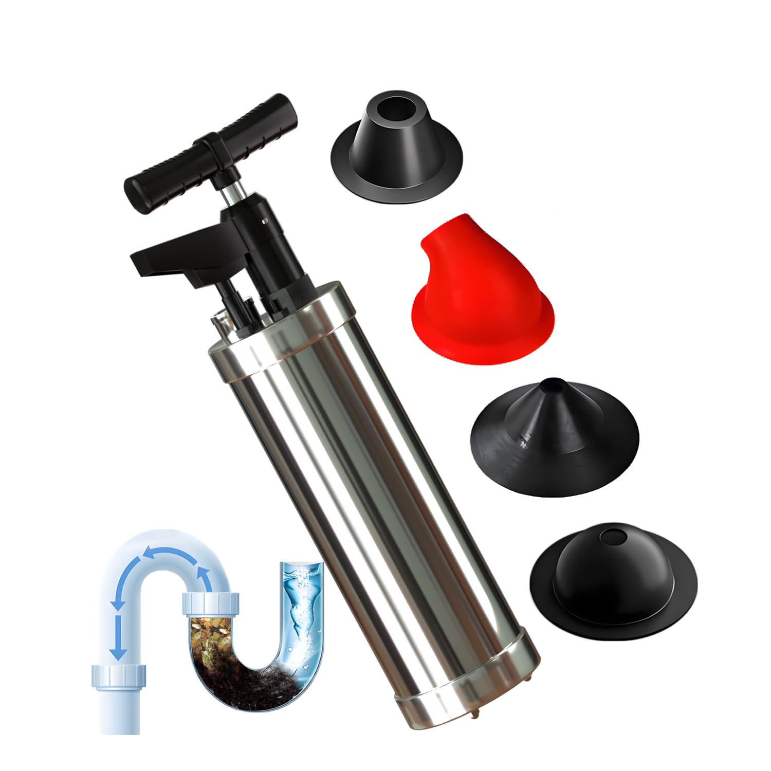 Pompa Stura scarichi a Pressione Stantuffo per WC Sturalavandini a Pressione Sturatubi ad Aria Compressa 4 in 1 Stura WC con 4 Teste Sostituibili, Barometro, per Disintasare WC