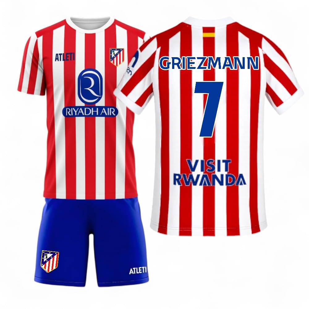 Atletico de Madrid - Camiseta + pantalon Oficial Griezmann 7 | Temporada 25-26 | Primera Equipación | Rayas Rojas y Blancas | Licencia Oficial