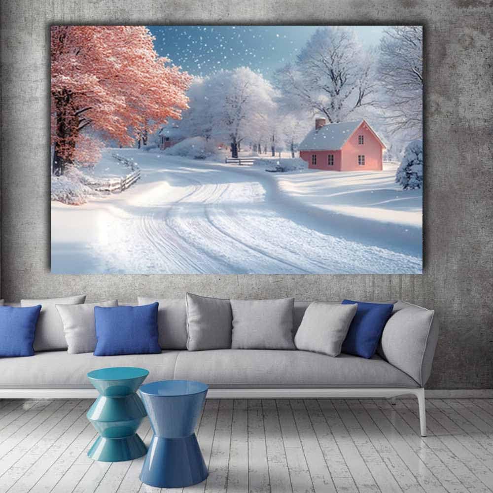 QUSAAOU Bilder Wohnzimmer Modern Rosafarbene Winterhütte bei Schneefall Moderne FüR Das Wohnzimmer Auf Leinwand Wandbilder Affiches Murales Pour La Maison(Pink)-40x60cm Gerahmt